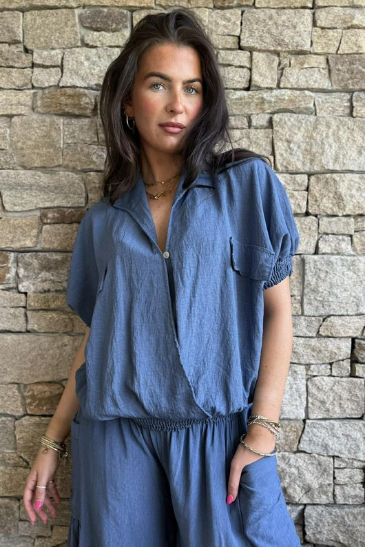 Basso Button Drape Cap Sleeve Shirt Airforce